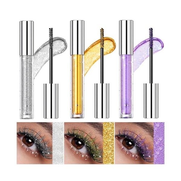 LOPHE 3PCS Glitter Colored Mascara,Mascara Coloré Brillant et Scintillant,Waterproof Pinceau Fin Cils Not Blooming Eye Lashes