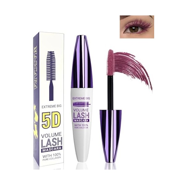 Bourgogne 5D Mascara télescopique Lift pour les yeux, Waterproof longue durée, Fibre de soie Mascara Volume & Lengthen, Effet