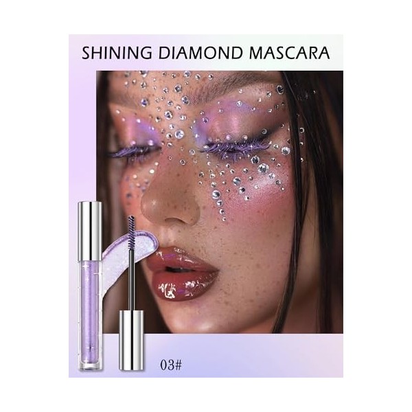 Mascara à paillettes violets, imperméable à leau longue durée Diamond Colourful Mascara, anti-salissures sans clumping, méta