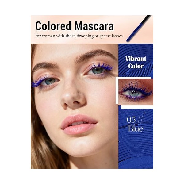 Mascara Waterproof Bleu pour Cils Courts et Fins-2Pcs Ultra-Fine Mascara Volume et Longueur, Longue Durée, Résistant aux Tach