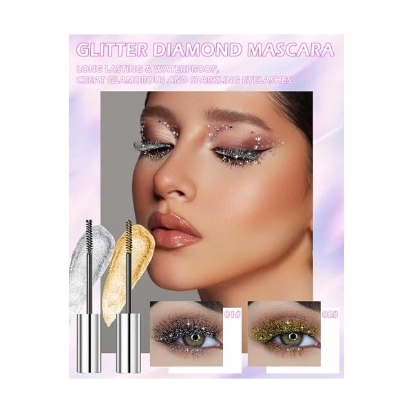 Mascara à paillettes 4D or argenté-2 couleurs Mascara pailleté Volume et Longueur, Mascara Coloré Waterproof et Longue Durée,...