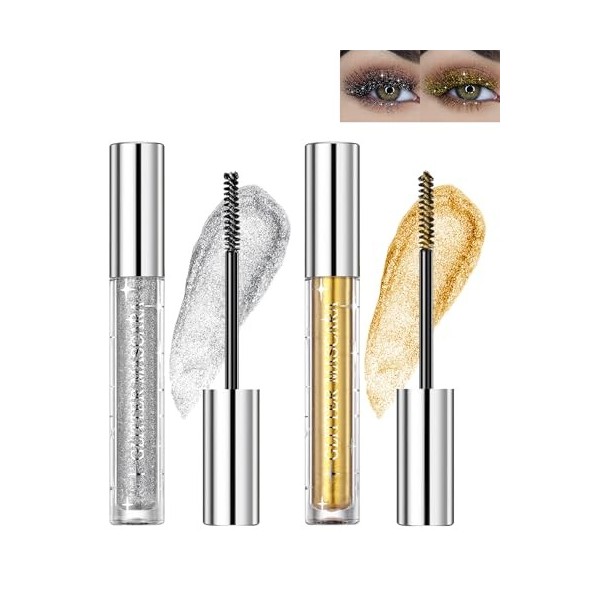 Mascara à paillettes 4D or argenté-2 couleurs Mascara pailleté Volume et Longueur, Mascara Coloré Waterproof et Longue Durée,...
