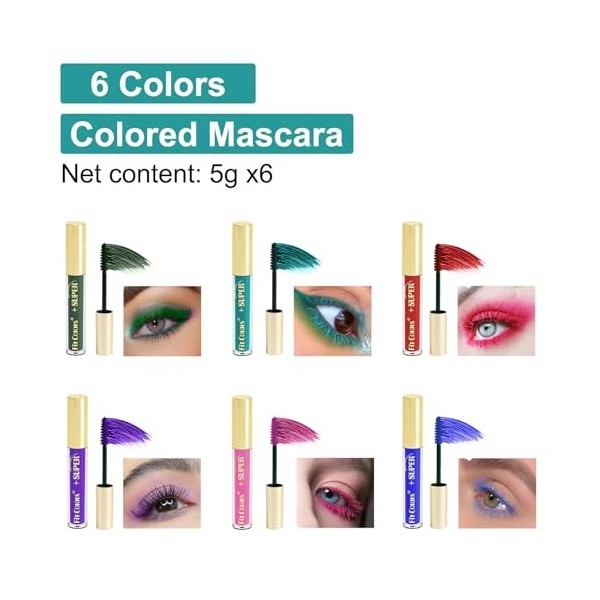 Ensembles de mascara coloré 6pièces cils volumineux séchage rapide mascara volumineux charmant longue durée pour les fêtes de