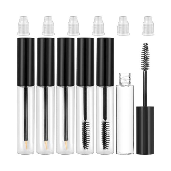 Lot de 6 tubes de mascara vides rechargeables de 10 ml avec bâton à cils et entonnoirs en caoutchouc, pour crème de cils DIY 