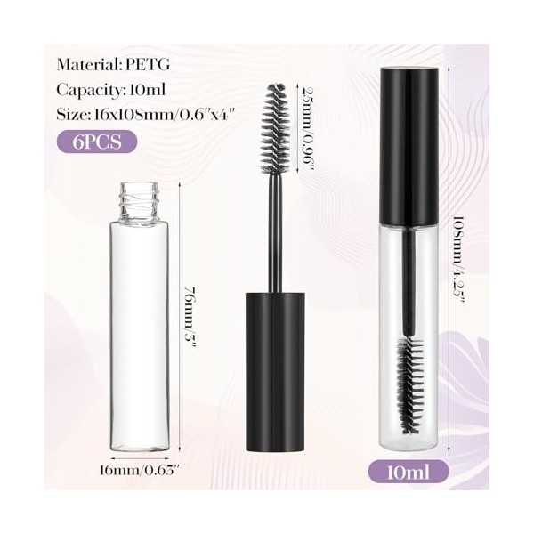 Lot de 6 tubes de mascara vides rechargeables de 10 ml avec bâton à cils et entonnoirs en caoutchouc, pour crème de cils DIY 