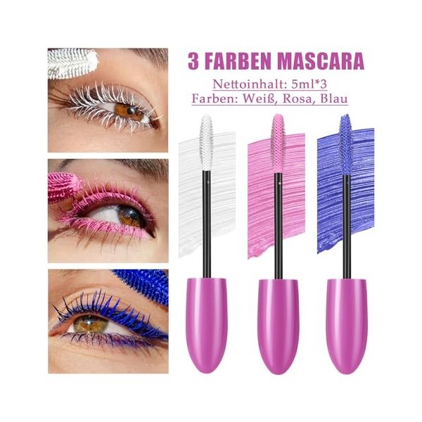 Lot de mascara colorés, 3 couleurs, imperméable, volume et curling, mascara blanc, rose, bleu, durable et volumineux, pour Ha