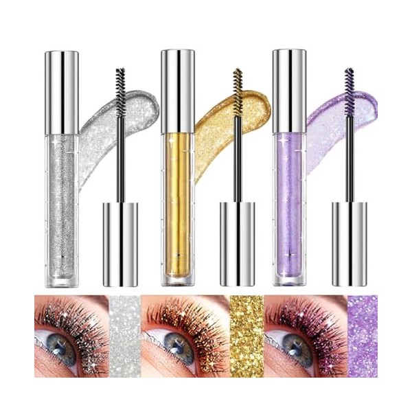 Bekoeen Fard à Paupières Mascara Liquide 3 Couleurs, Mascara Volumisant Allongant Diamants Étincelants, Cils Colorés Imperméa