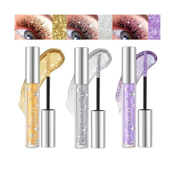 Pakivs 3Pcs Glitter Shimmer Mascara Colorépour les cils,diamant 3 couleurs, Mascara nacré imperméable longue durée, Maquillag