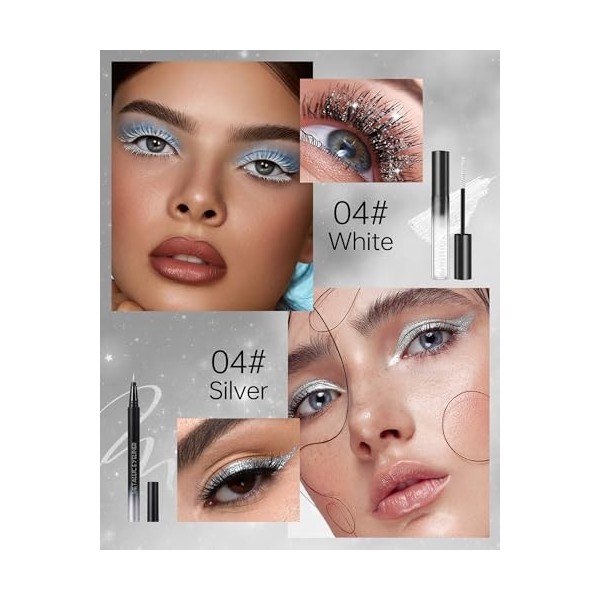 Ensemble de mascara à paillettes blanches et eyeliner argenté, mascara Diamond Shimmer longueur et volume, eye-liner liquide ...