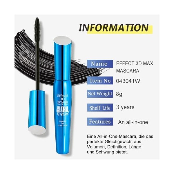 Mascara Waterproof 5D Noir Mascara longs cils Deep Black Mascara pour volume & définition, résistant aux taches et non agglom