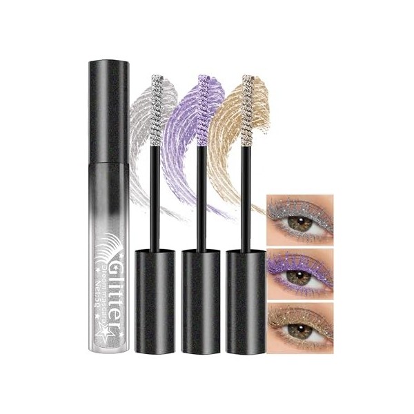 Mascara à Paillettes, Argent Violet Or, 3Pcs Colored Mascara, Diamant Pailleté Longue Durée Waterproof, Couleur Volume et Lon...