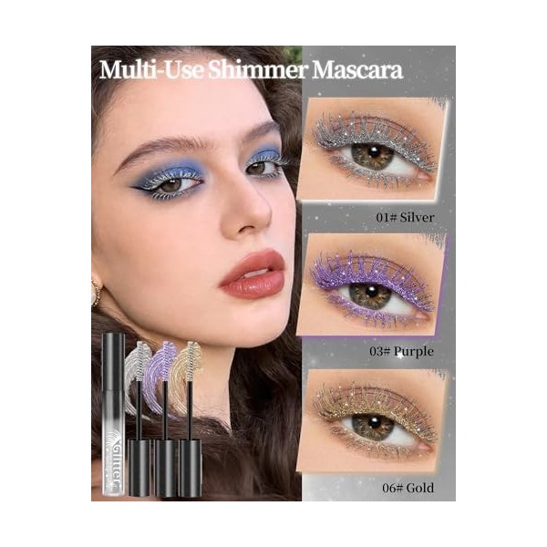 Mascara à Paillettes, Argent Violet Or, 3Pcs Colored Mascara, Diamant Pailleté Longue Durée Waterproof, Couleur Volume et Lon...