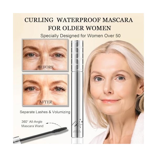 Mascaras Noir pour Femmes Plus âgées, 2 Pièces Mascara Waterproof Noir, Volume et Longueur, Convient aux Cils Clairsemés et V