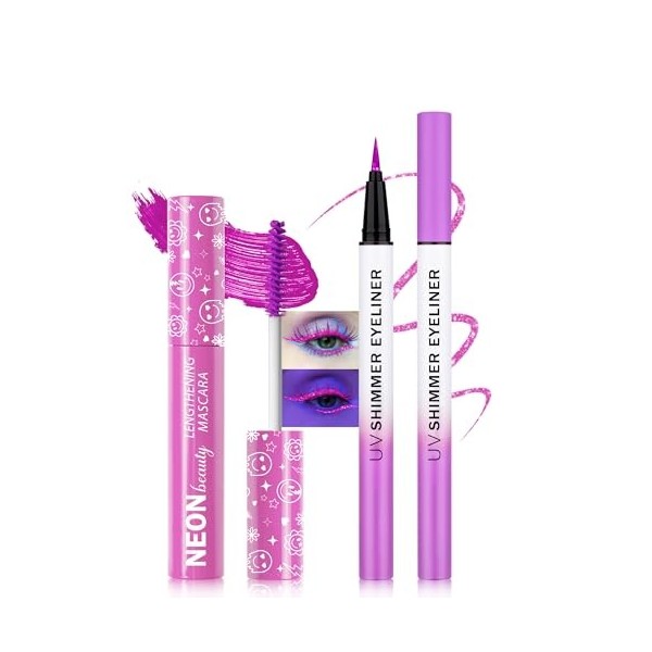 Violet Neon Mascara & Eyeliner Set, Coloré Mascara Volume Effet Faux Cils, Glitter Liquid Eye Liner, Longue Tenue Waterproof,