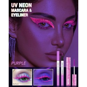 Violet Neon Mascara & Eyeliner Set, Coloré Mascara Volume Effet Faux Cils, Glitter Liquid Eye Liner, Longue Tenue Waterproof,