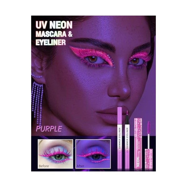 Violet Neon Mascara & Eyeliner Set, Coloré Mascara Volume Effet Faux Cils, Glitter Liquid Eye Liner, Longue Tenue Waterproof,
