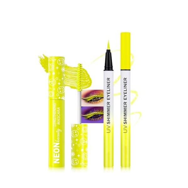 Violet Neon Mascara & Eyeliner Set, Coloré Mascara Volume Effet Faux Cils, Glitter Liquid Eye Liner, Longue Tenue Waterproof,