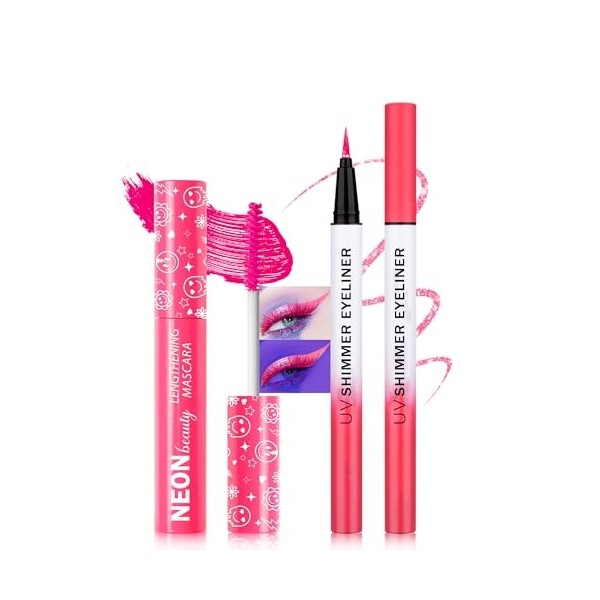Violet Neon Mascara & Eyeliner Set, Coloré Mascara Volume Effet Faux Cils, Glitter Liquid Eye Liner, Longue Tenue Waterproof,