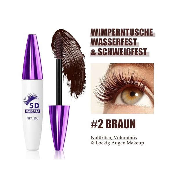 Mascara 5D pour volume et définition - Marron - Pour cils extrêmement longs - Imperméable et résistant aux taches - Pour cils