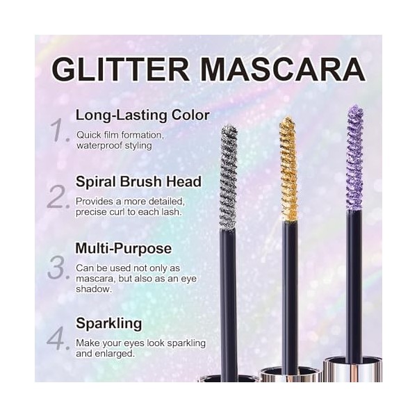 Mascara à paillettes, mascara imperméable, fard à paupières, mascara transparent, cils diamant pailletés en argent/or/violet,