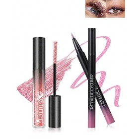 Mascara et Eyeliner Paillettes Rose, Mascara Couleur Diamant Pailleté Volume et Longueur, Liquide Crayon Yeux Métallique Bril