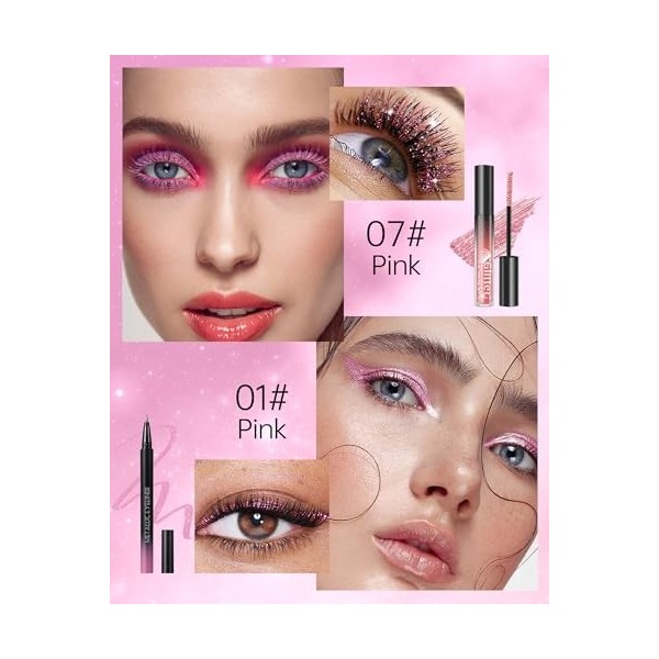 Mascara et Eyeliner Paillettes Rose, Mascara Couleur Diamant Pailleté Volume et Longueur, Liquide Crayon Yeux Métallique Bril