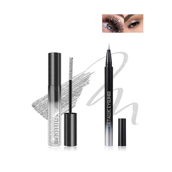 Mascara et Eyeliner Paillettes Rose, Mascara Couleur Diamant Pailleté Volume et Longueur, Liquide Crayon Yeux Métallique Bril