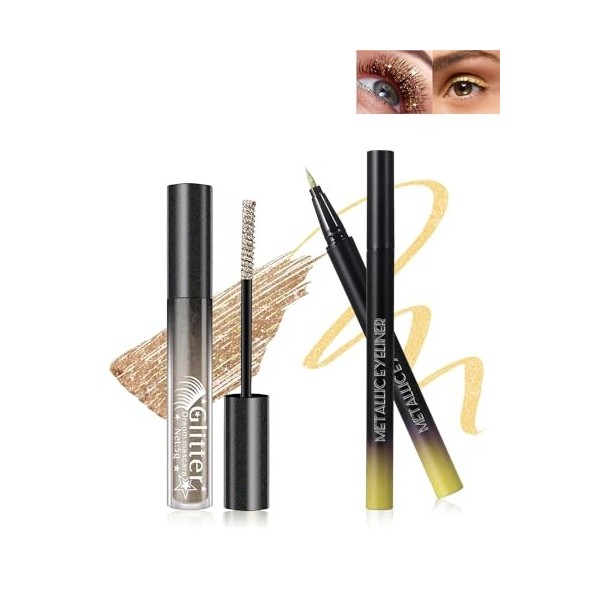 Mascara et Eyeliner Paillettes Rose, Mascara Couleur Diamant Pailleté Volume et Longueur, Liquide Crayon Yeux Métallique Bril