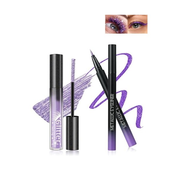 Mascara et Eyeliner Paillettes Rose, Mascara Couleur Diamant Pailleté Volume et Longueur, Liquide Crayon Yeux Métallique Bril