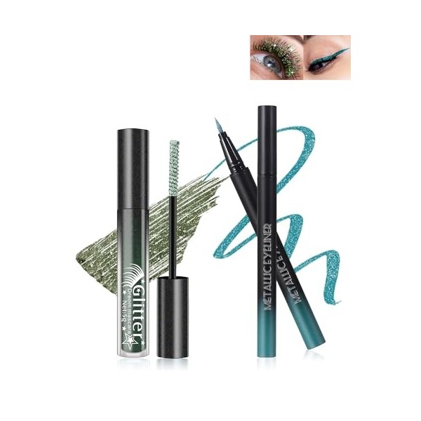 Mascara et Eyeliner Paillettes Rose, Mascara Couleur Diamant Pailleté Volume et Longueur, Liquide Crayon Yeux Métallique Bril