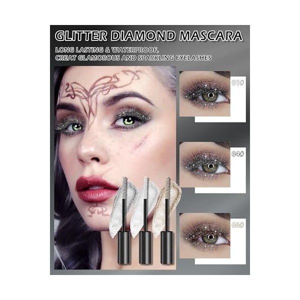 Mascara Glitter-3 couleurs Argent Blanc Or Métallique Mascara à paillettes, Diamant Glitter Longue Tenue Volumisateur Extensi