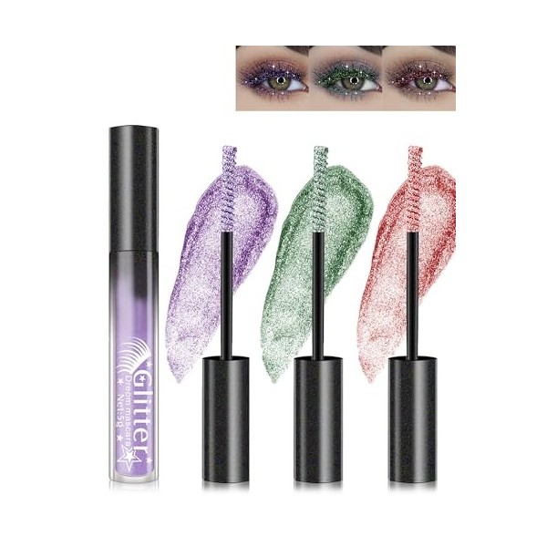 Mascara Glitter-3 couleurs Argent Blanc Or Métallique Mascara à paillettes, Diamant Glitter Longue Tenue Volumisateur Extensi