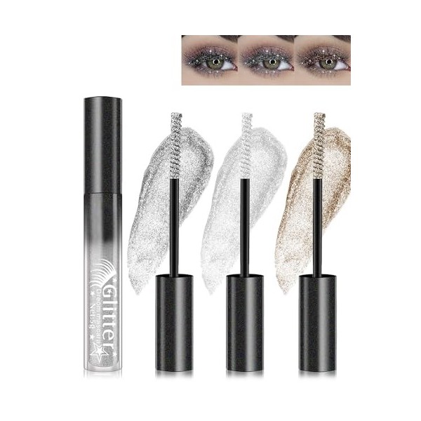 Mascara Glitter-3 couleurs Argent Blanc Or Métallique Mascara à paillettes, Diamant Glitter Longue Tenue Volumisateur Extensi