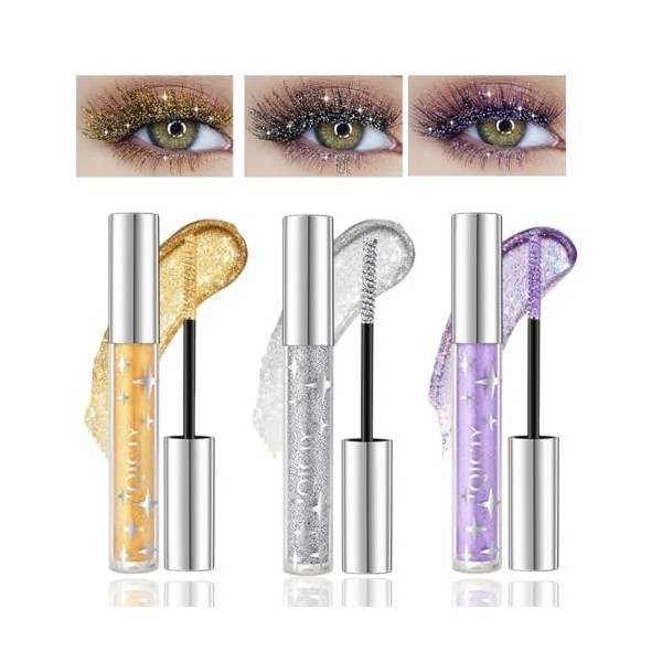 Baorder Mascara à paillettes 3 couleurs, mascara allongeant et volume de bouclage - Mascara à paupières - Argenté/doré/violet