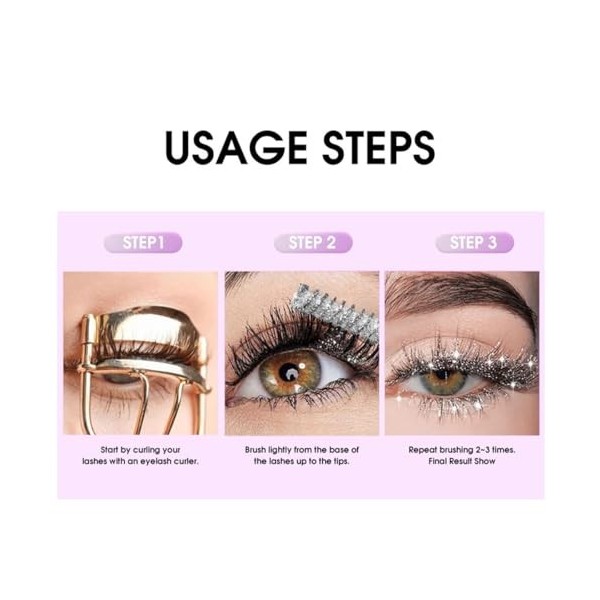 Baorder Mascara à paillettes 3 couleurs, mascara allongeant et volume de bouclage - Mascara à paupières - Argenté/doré/violet