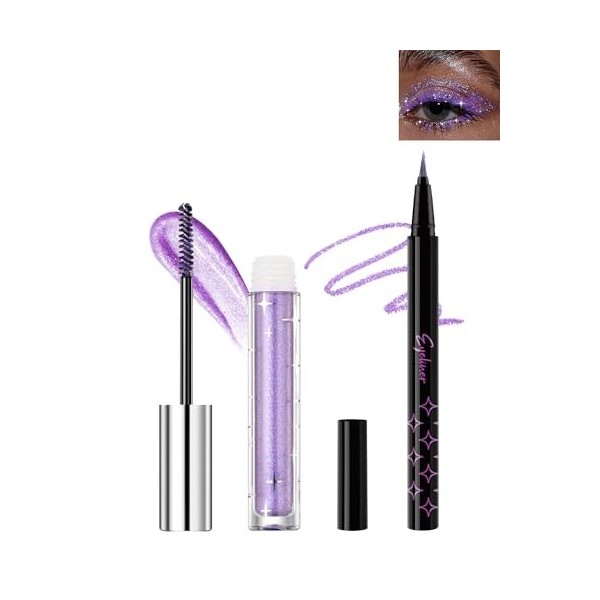 Mascara et Eyeliner Pailleté, Mascara Couleur Diamant Paillettes Volume et Longueur, Crayon Yeux Métallique Brillant, Longue