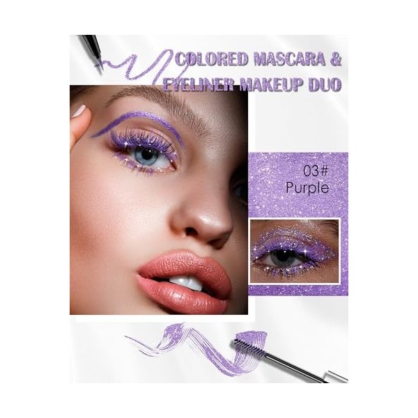 Mascara et Eyeliner Pailleté, Mascara Couleur Diamant Paillettes Volume et Longueur, Crayon Yeux Métallique Brillant, Longue