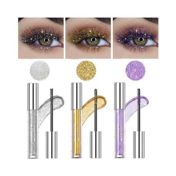 Gireatick Set de 3 Mascaras Pailletés pour Cils - Argent/Or/Violet Scintillant - Épaississant et Allongeant pour un Maquillag