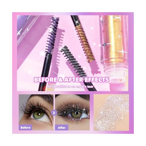Gireatick Set de 3 Mascaras Pailletés pour Cils - Argent/Or/Violet Scintillant - Épaississant et Allongeant pour un Maquillag