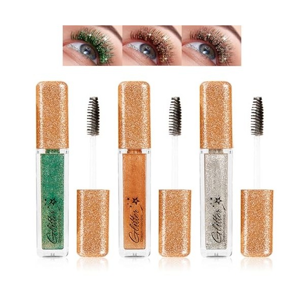 Mascara à paillettes, 3 couleurs de mascara à paillettes, vert/or/argent, volume multicolore, imperméable et durable, mascara