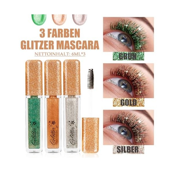Mascara à paillettes, 3 couleurs de mascara à paillettes, vert/or/argent, volume multicolore, imperméable et durable, mascara