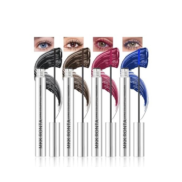 Mascara Couleur Set, 4 Couleurs Waterproof Noir et Braun Bourgogne et Bleu, Mascara Volume et Longueur Durée Volume Durable E...