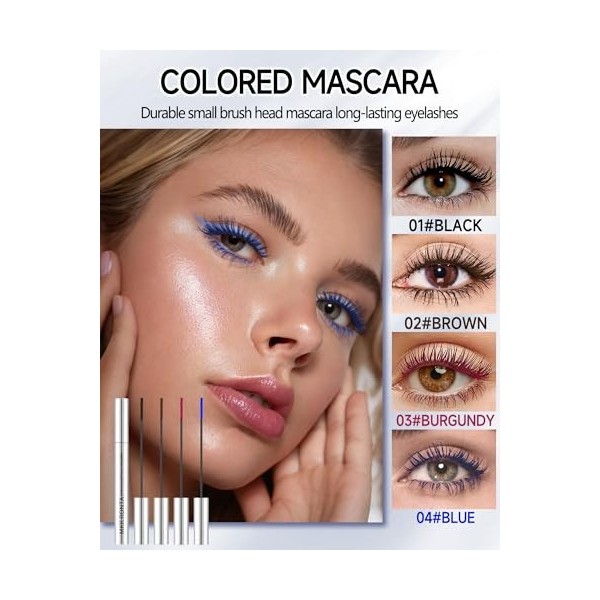 Mascara Couleur Set, 4 Couleurs Waterproof Noir et Braun Bourgogne et Bleu, Mascara Volume et Longueur Durée Volume Durable E...