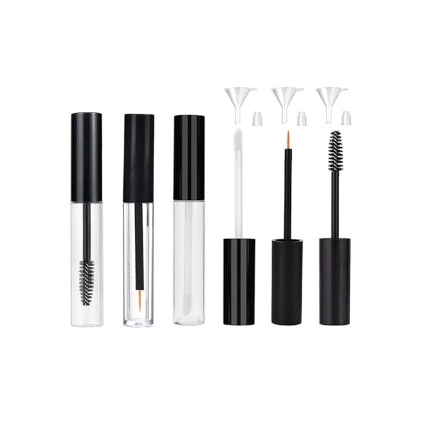 Lot de 3 tubes vides de 10 ml pour mascara et gloss à lèvres avec inserts en caoutchouc et entonnoirs pour crème à cils - Kit
