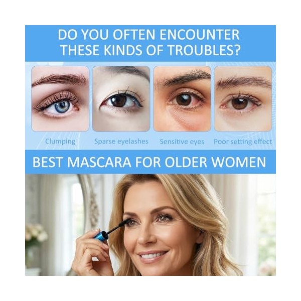 Lot de 2 mascaras pour femmes âgées, mascara, imperméable, noir, pour plus de volume et de longueur, cils clairs, longue duré