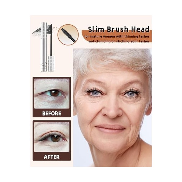 Mascara Waterproof pour les Femmes Agées aux Cils Clairsemés, 2Pcs Hypoallergénique Mascara Noir Marron Allongéet Volumisant,...