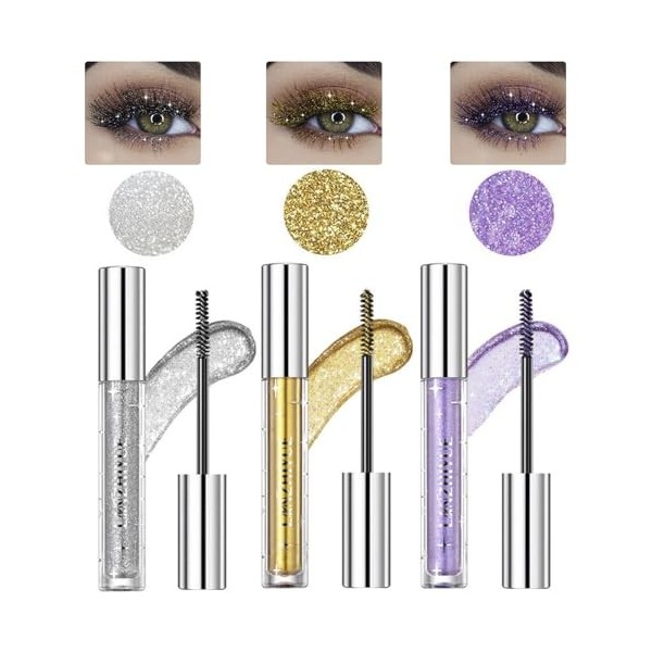 Lot de 3 mascaras pour cils colorés - Brillants et scintillants - Résistants aux taches - Longue durée - Pour une utilisation