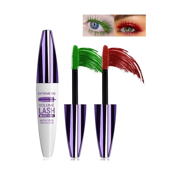Lot de 2 mascaras télescopiques 5D vert rouge pour les yeux, imperméable, anti-salissures, longue tenue, mascara volumineux q