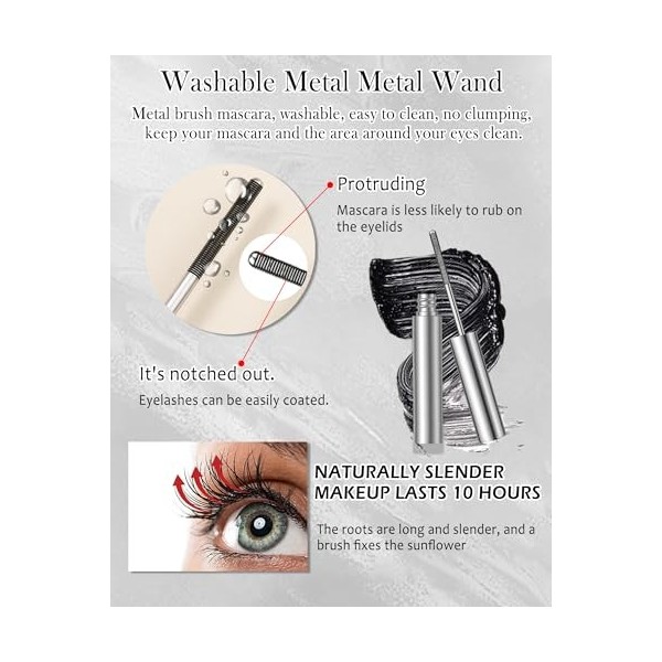 Iron Metal Mascara Waterproof, Noir Longue Durée 3D Curling Effet, Washable Wand Mascara Volume et Longueur, Résistant aux Ta