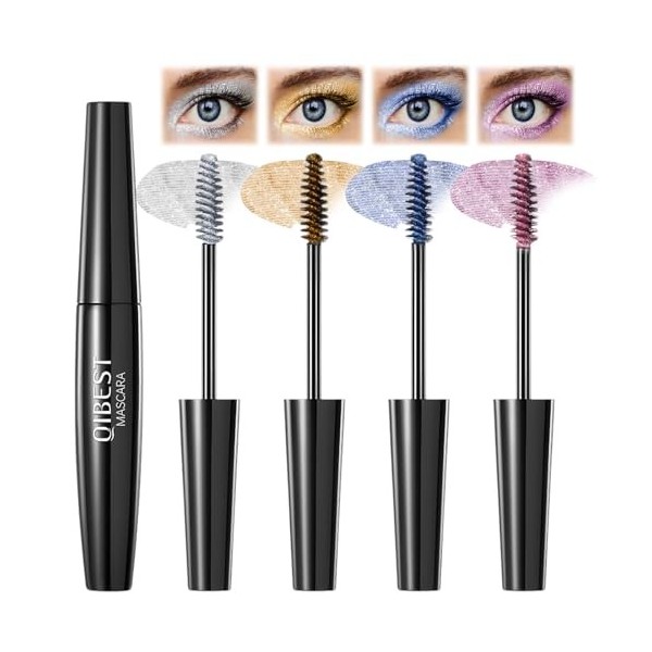 Lot de 4 mascaras à paillettes pour cils avec éclat diamant, imperméable, longue durée, volume et élan, pour fête et festival